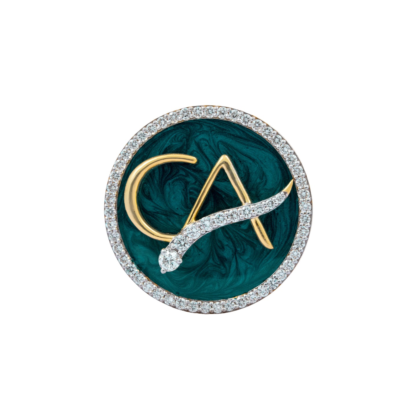 The Laureate CA Diamond Brooch in 925 Silver with Malakite Enamel
