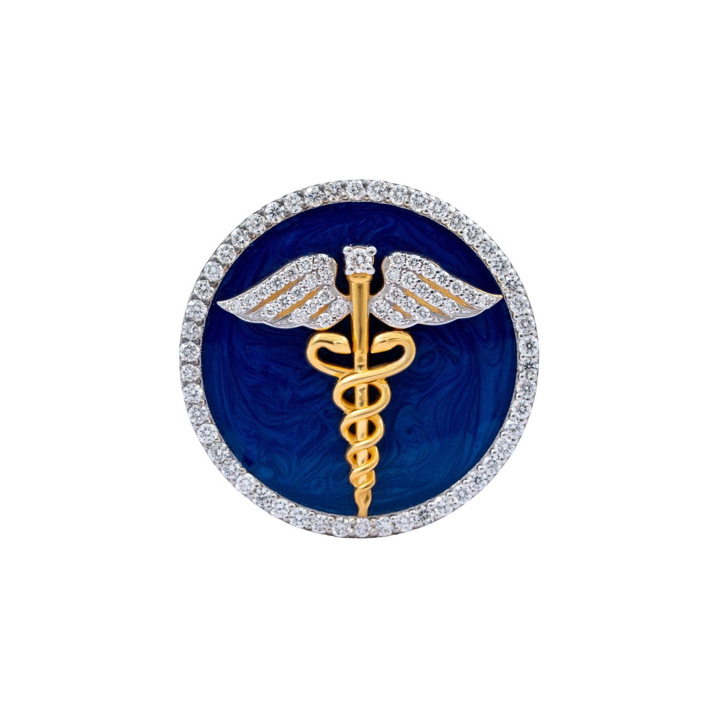 The Prestige Doctor Diamond Brooch in 925 Silver with Blue Enamel and Yellow Polish