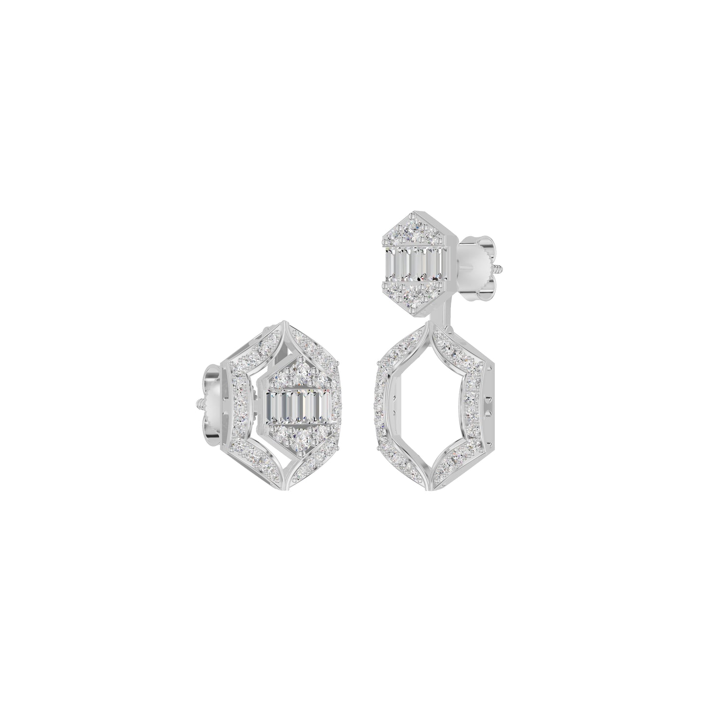 Baugette HexaHalo Diamond Stud Earrings 18 KT / White Gold