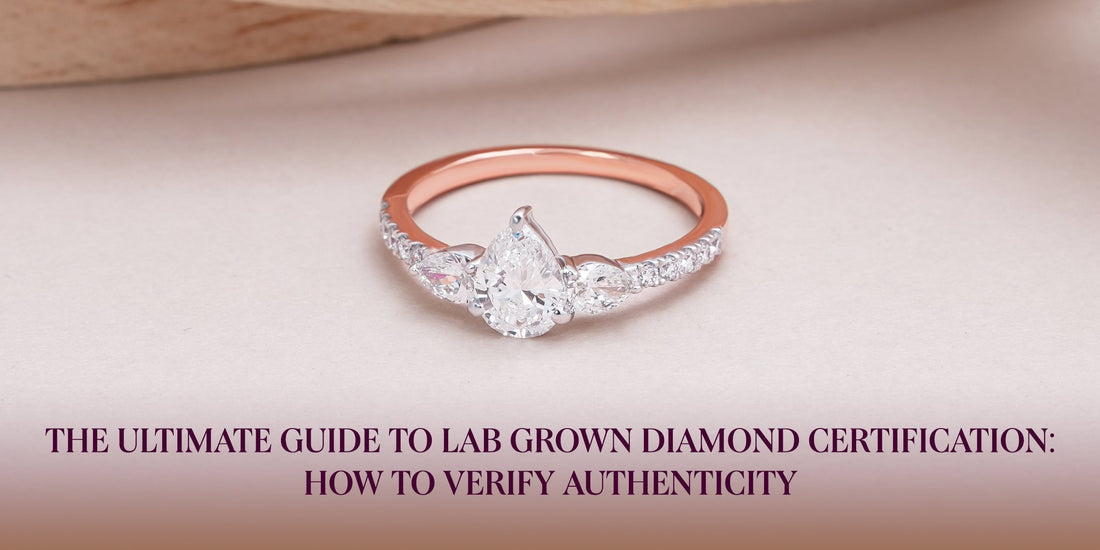 An image of a rose gold ring with a sparkling diamond on a light-colored surface. Text on the left side of the image reads. "The ultimate guide to lab grown diamond certification: How to verify authenticity".