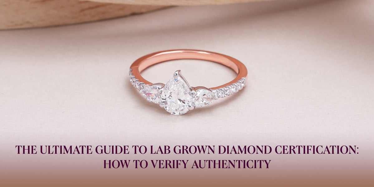An image of a rose gold ring with a sparkling diamond on a light-colored surface. Text on the left side of the image reads. "The ultimate guide to lab grown diamond certification: How to verify authenticity".