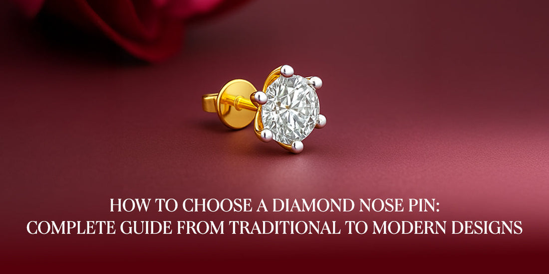 The image shows a gold nose pin with a single, round-cut diamond on a reddish-pink background. The text on the image reads "How to Choose a Diamond Nose Pin: Complete Guide from Traditional to Modern Designs"