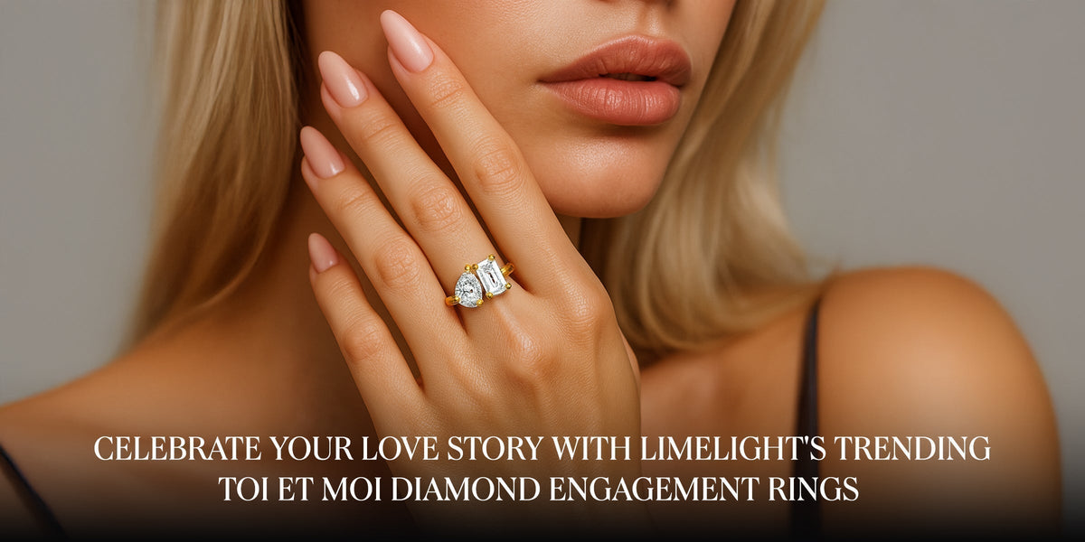 A model wearing a "Toi et Moi" diamond engagement ring, with text promoting Limelight's trending engagement rings.