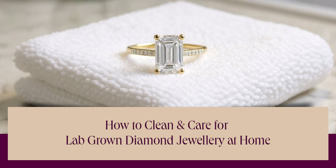 Emerald-cut lab grown diamond ring on a white towel – How to clean and care for lab grown diamond jewellery at home