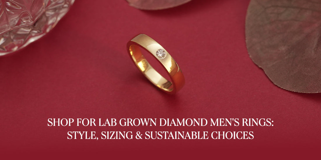 A gold-colored ring with a single diamond sites on a red background. The text "SHOP FOR LAB GROWN DIAMOND MEN'S RING: STYLE, SIZING & SUSTAINABLE CHOICES" is written on the image.