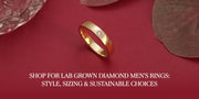A gold-colored ring with a single diamond sites on a red background. The text "SHOP FOR LAB GROWN DIAMOND MEN'S RING: STYLE, SIZING & SUSTAINABLE CHOICES" is written on the image.