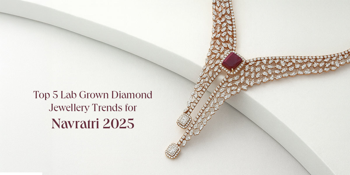 Elegant lab grown diamond necklace with a central ruby gemstone, displayed with text ‘Top 5 Lab Grown Diamond Jewellery Trends for Navratri 2025