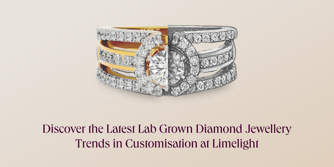 A close-up image of a wide, ornate diamond ring or band. Text on the image reads: "Discover the Latest Lab Grown Diamond Jewellery Trends in Customisation at Limelight".