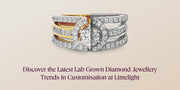 A close-up image of a wide, ornate diamond ring or band. Text on the image reads: "Discover the Latest Lab Grown Diamond Jewellery Trends in Customisation at Limelight".