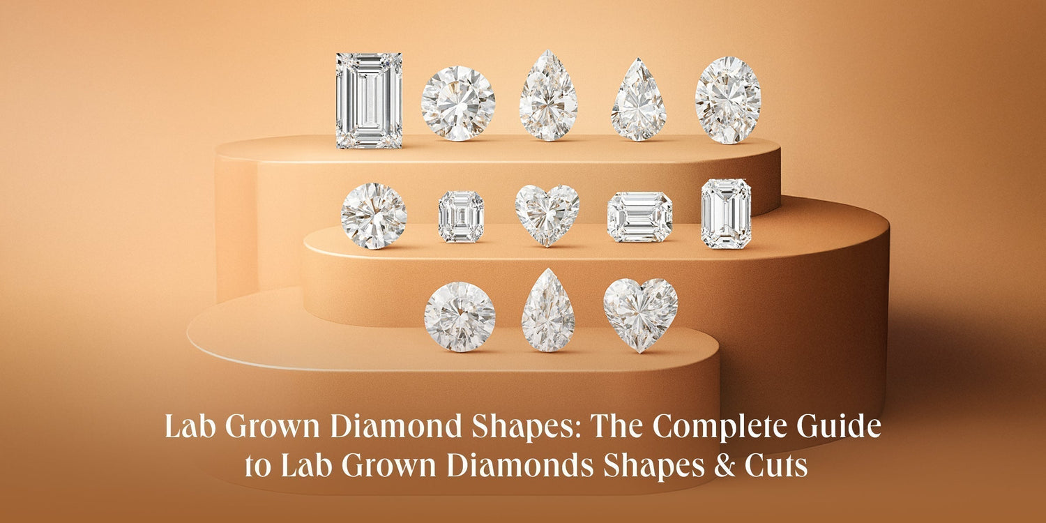 Lab grown diamond shapes including round, princess, emerald, pear, marquise, oval, heart, and radiant cuts.