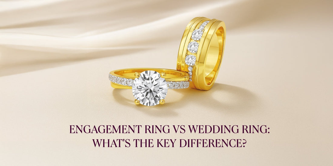 A close-up shot of two gold rings with diamond, a single-stone engagement ring and a multi-stone engagement ring and a wedding band, with text "Engagement ring vs wedding ring: What's the key difference?"