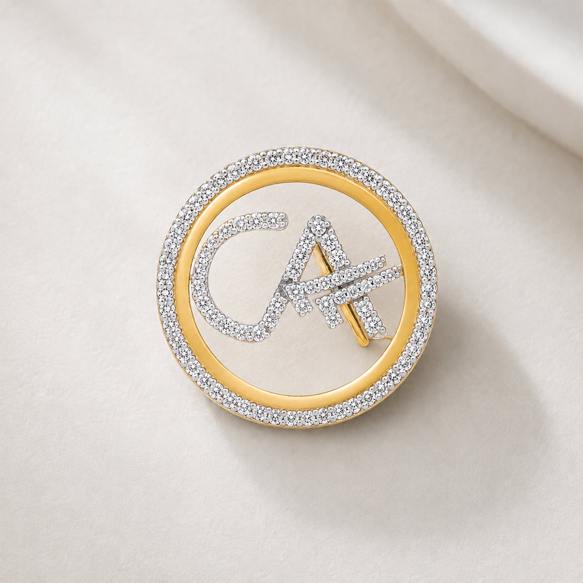 The Classic CA Single Line Double Tick Skeleton Diamond Brooch in 925 Silver with Yellow Finish