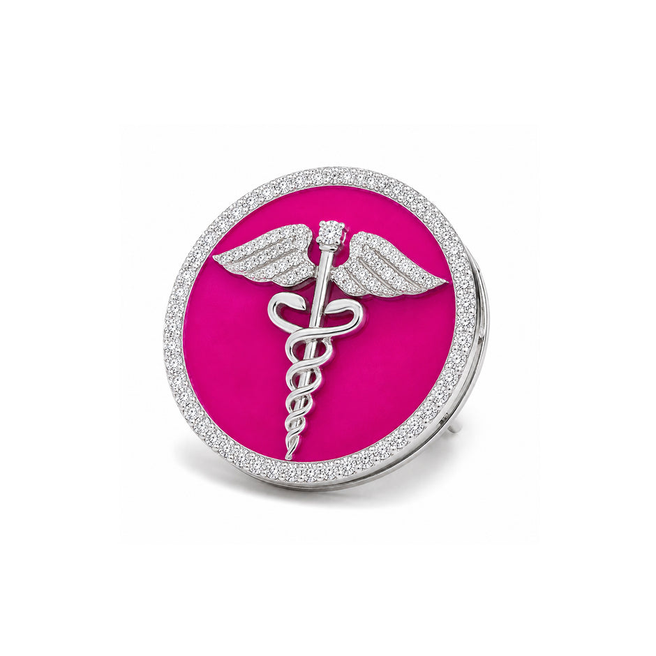 The Prestige Doctor Diamond Brooch in 925 Silver with Pink Enamel and White Finish