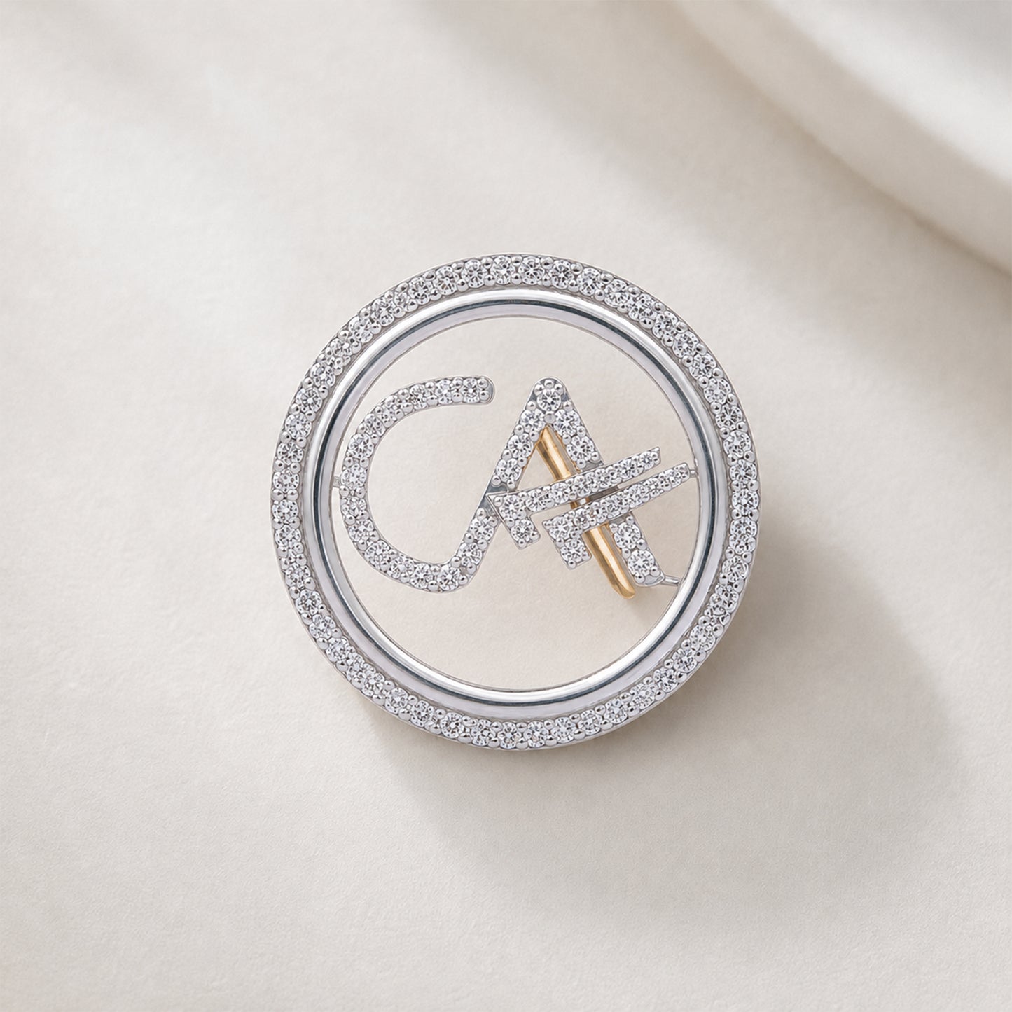 The Classic CA Single Line Double Tick Skeleton Diamond Brooch in 925 Silver with White Finish