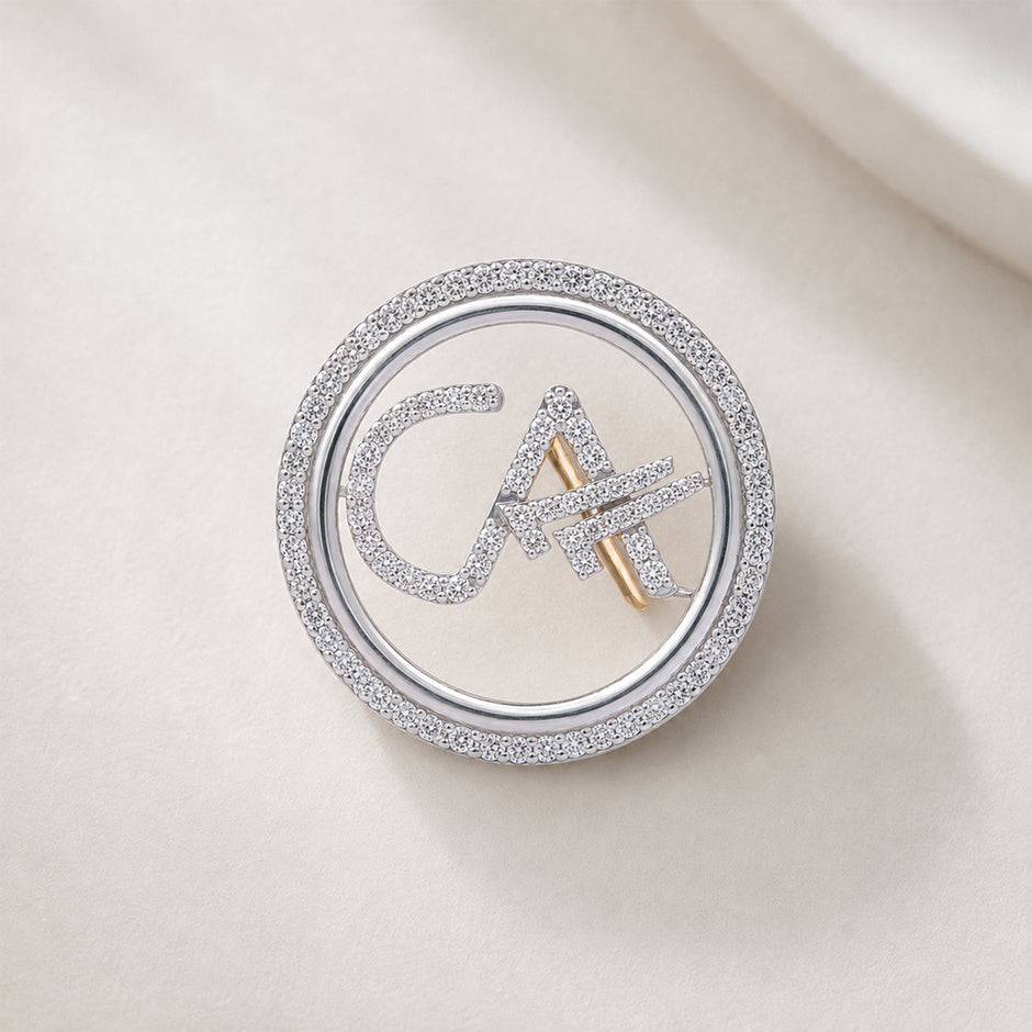 The Classic CA Single Line Double Tick Skeleton Diamond Brooch in 925 Silver with White Finish