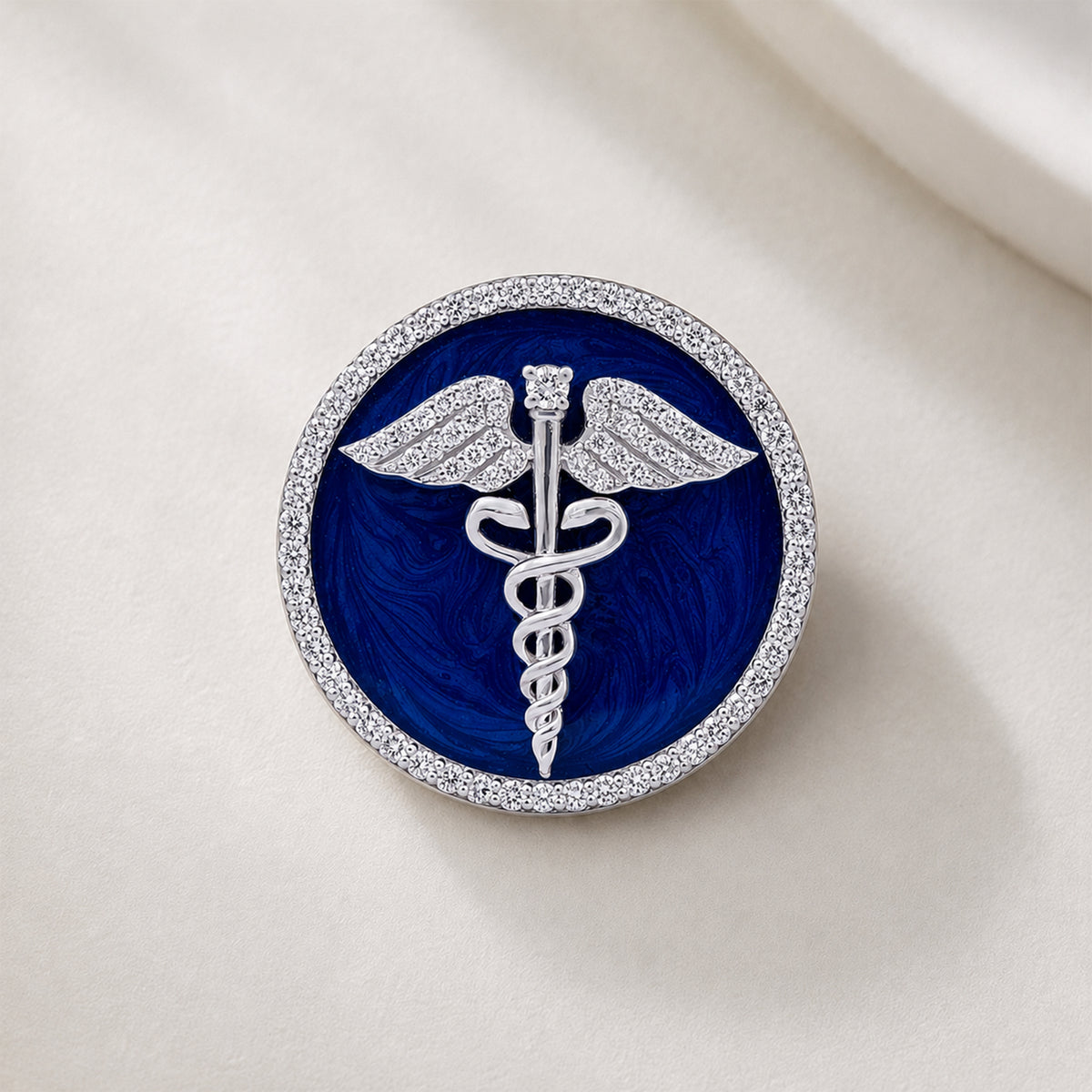 The Prestige Doctor Diamond Brooch in 925 Silver with Blue Enamel and White Finish