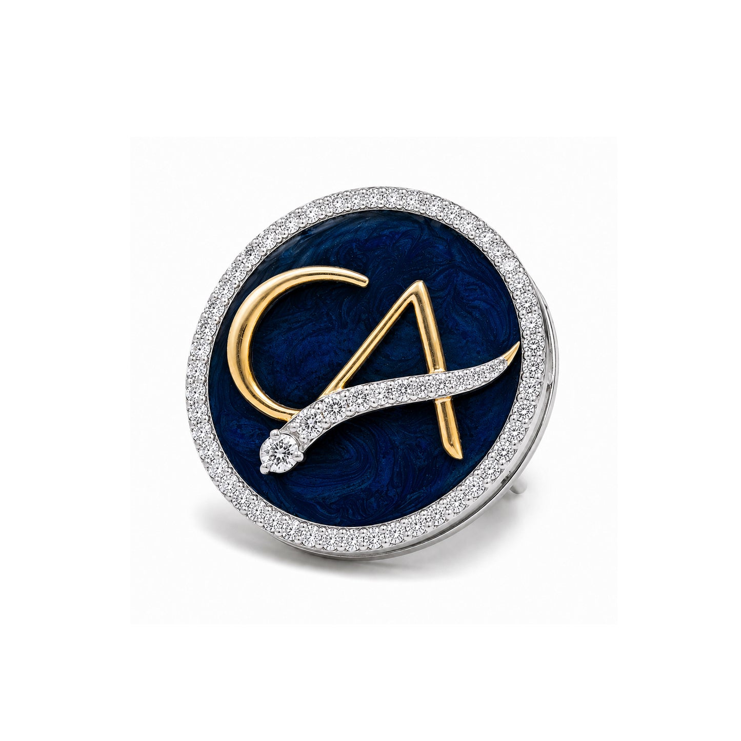 The Laureate CA Diamond Brooch in 925 Silver with Navy Blue Enamel