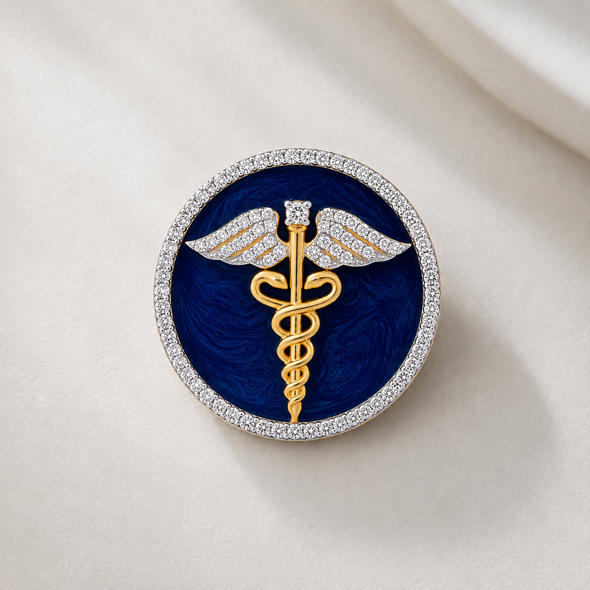 The Prestige Doctor Diamond Brooch in 925 Silver with Blue Enamel and Yellow Finish