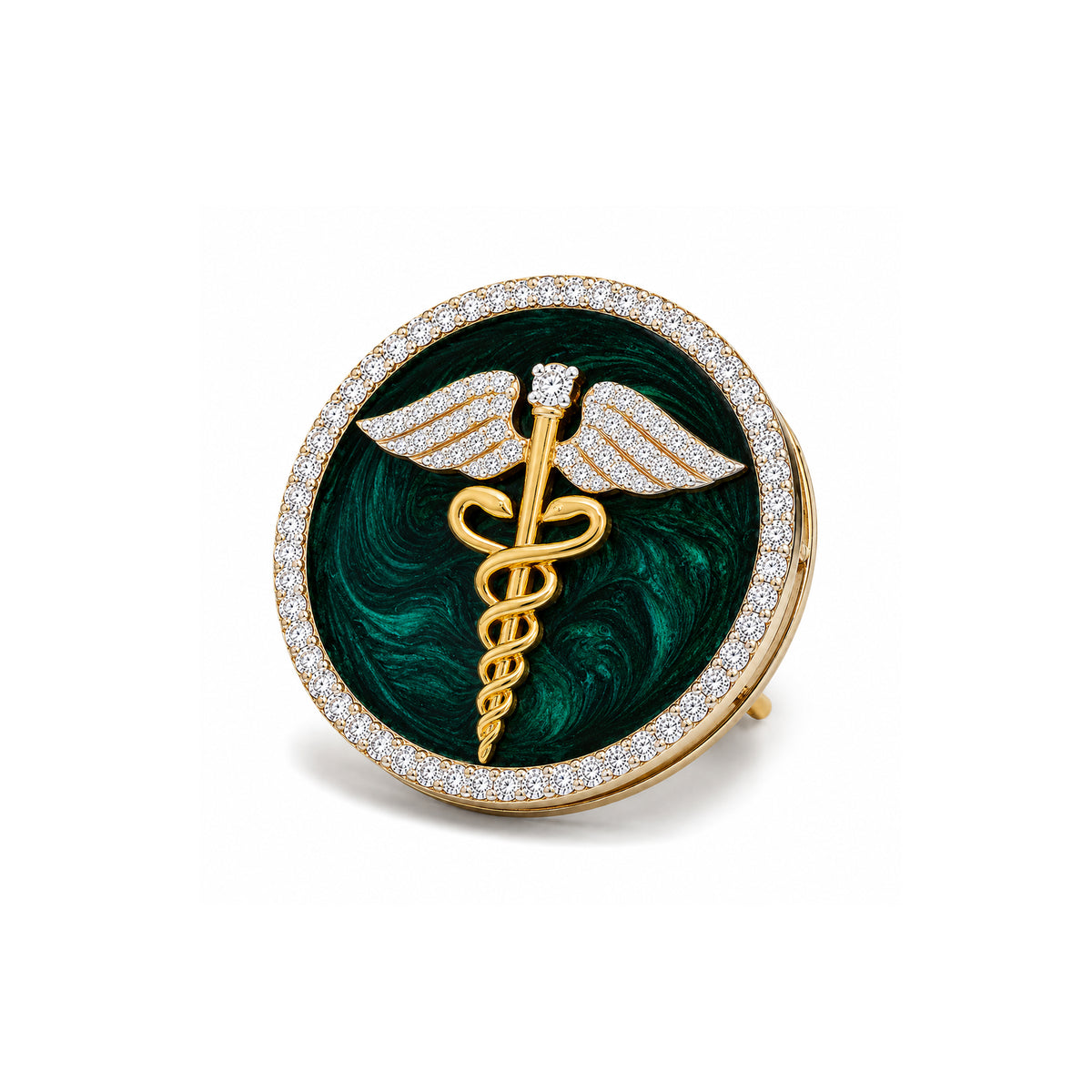 The Prestige Doctor Diamond Brooch in 925 Silver with Green Enamel and Yellow Finish