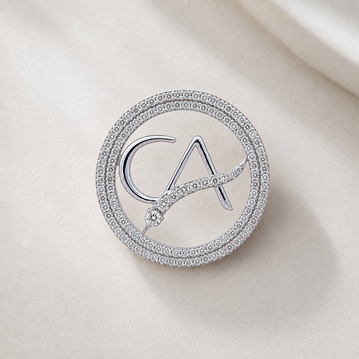 The Vanguard CA Double Line Curved Skeleton Diamond Brooch in 925 Silver with White Finish