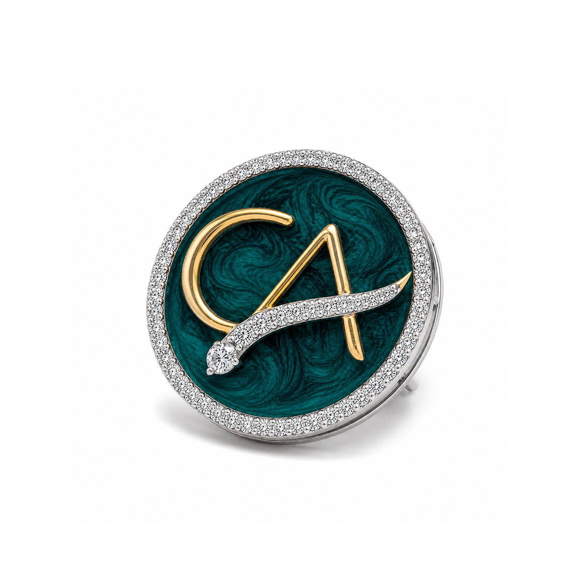 The Laureate CA Diamond Brooch in 925 Silver with Malakite Enamel