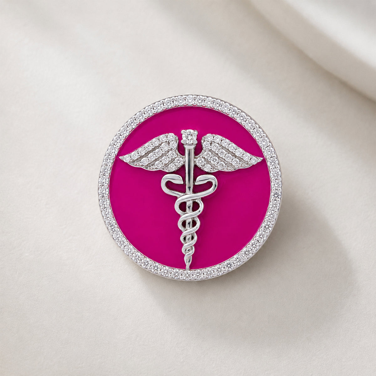 The Prestige Doctor Diamond Brooch in 925 Silver with Pink Enamel and White Finish