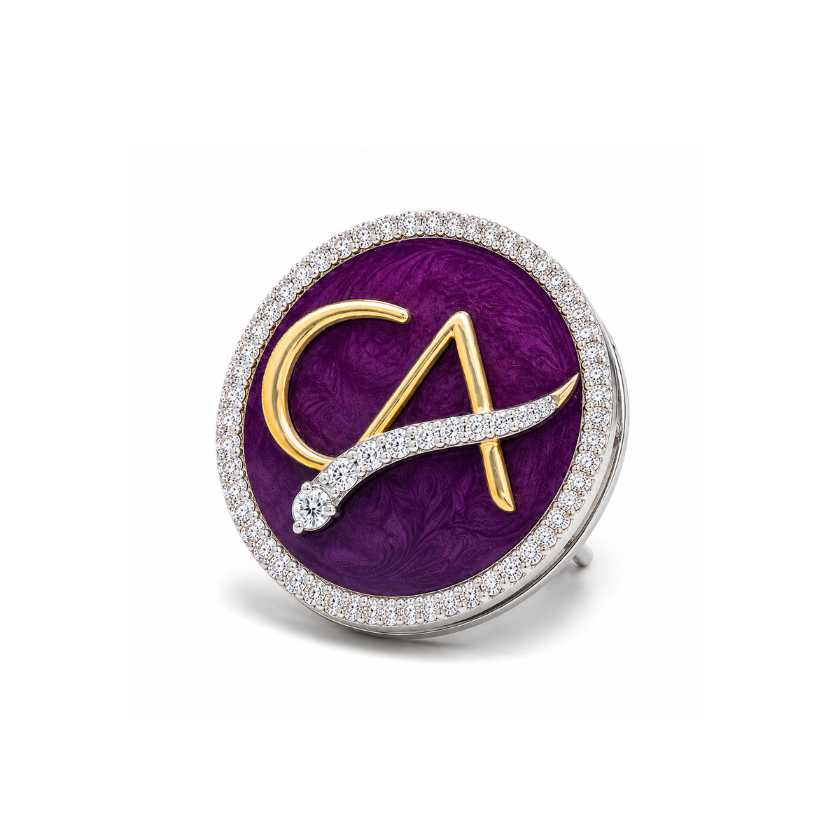 The Laureate CA Diamond Brooch in 925 Silver with Plum Enamel