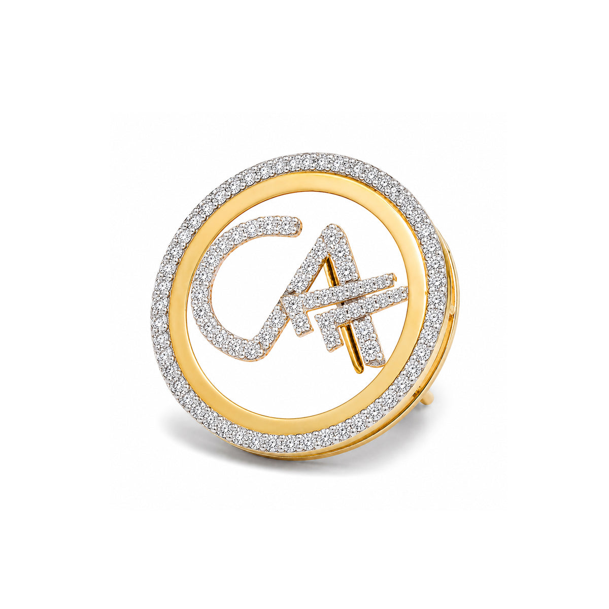 The Classic CA Single Line Double Tick Skeleton Diamond Brooch in 925 Silver with Yellow Finish
