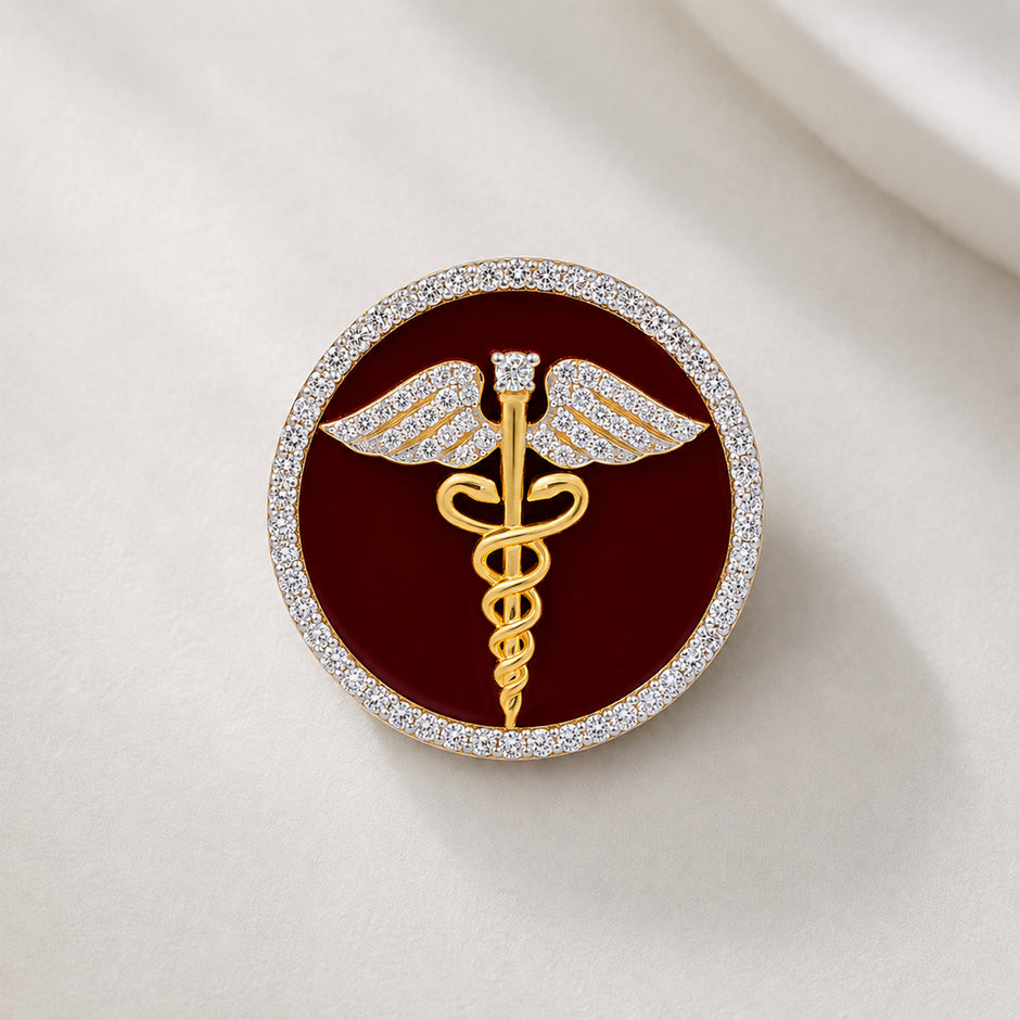 The Prestige Doctor Diamond Brooch in 925 Silver with Red Enamel and Yellow Finish