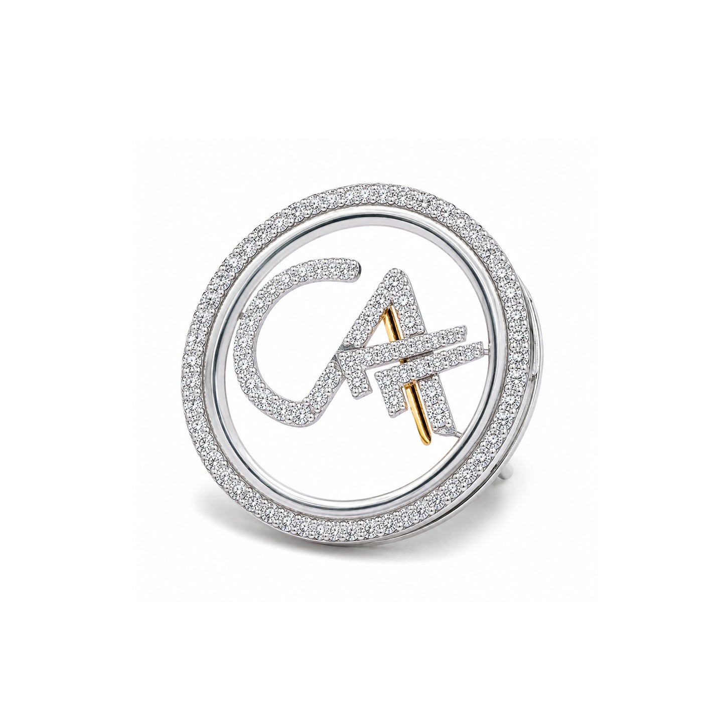 The Classic CA Single Line Double Tick Skeleton Diamond Brooch in 925 Silver with White Finish