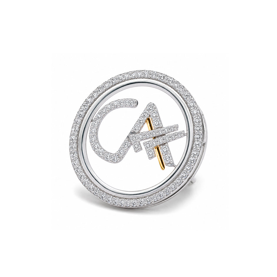 The Classic CA Single Line Double Tick Skeleton Diamond Brooch in 925 Silver with White Finish