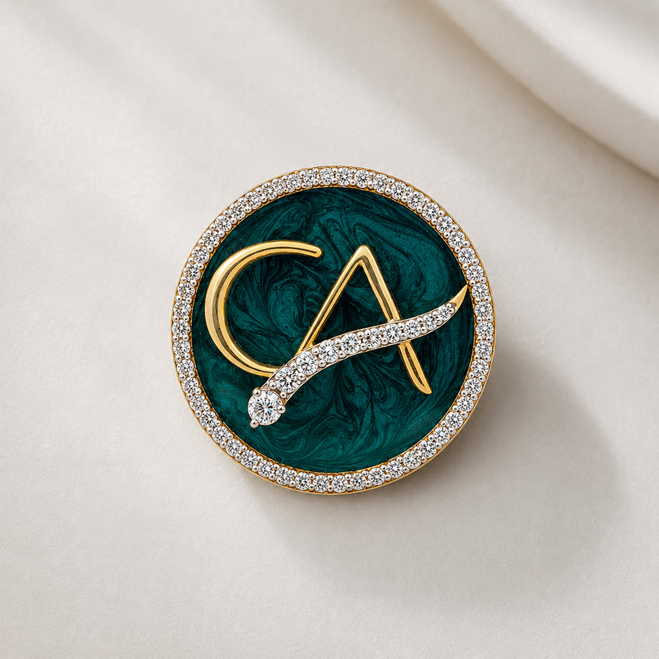The Laureate CA Diamond Brooch in 925 Silver with Malakite Enamel