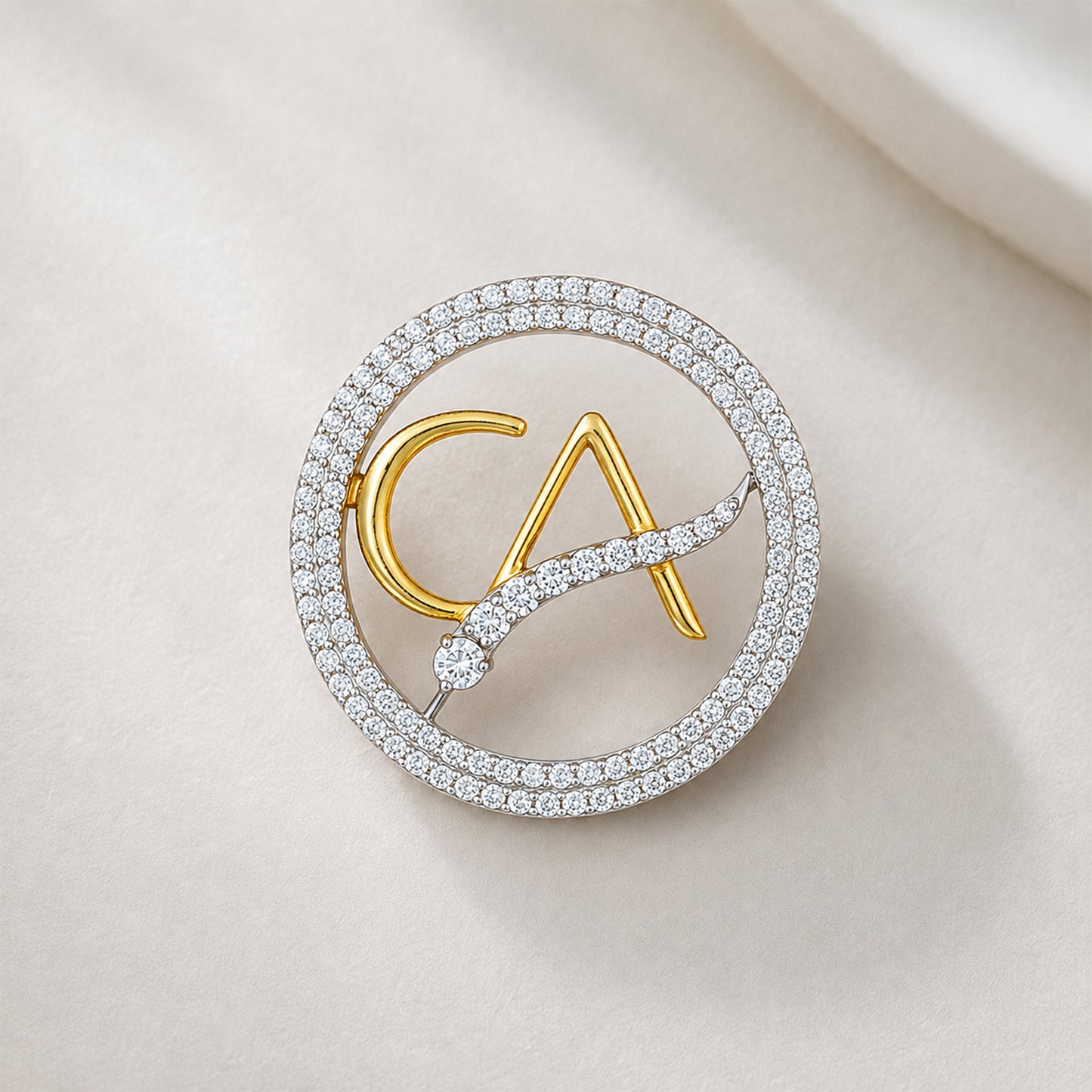 The Vanguard CA Double Line Curved Skeleton Diamond Brooch in 925 Silver with Yellow Finish