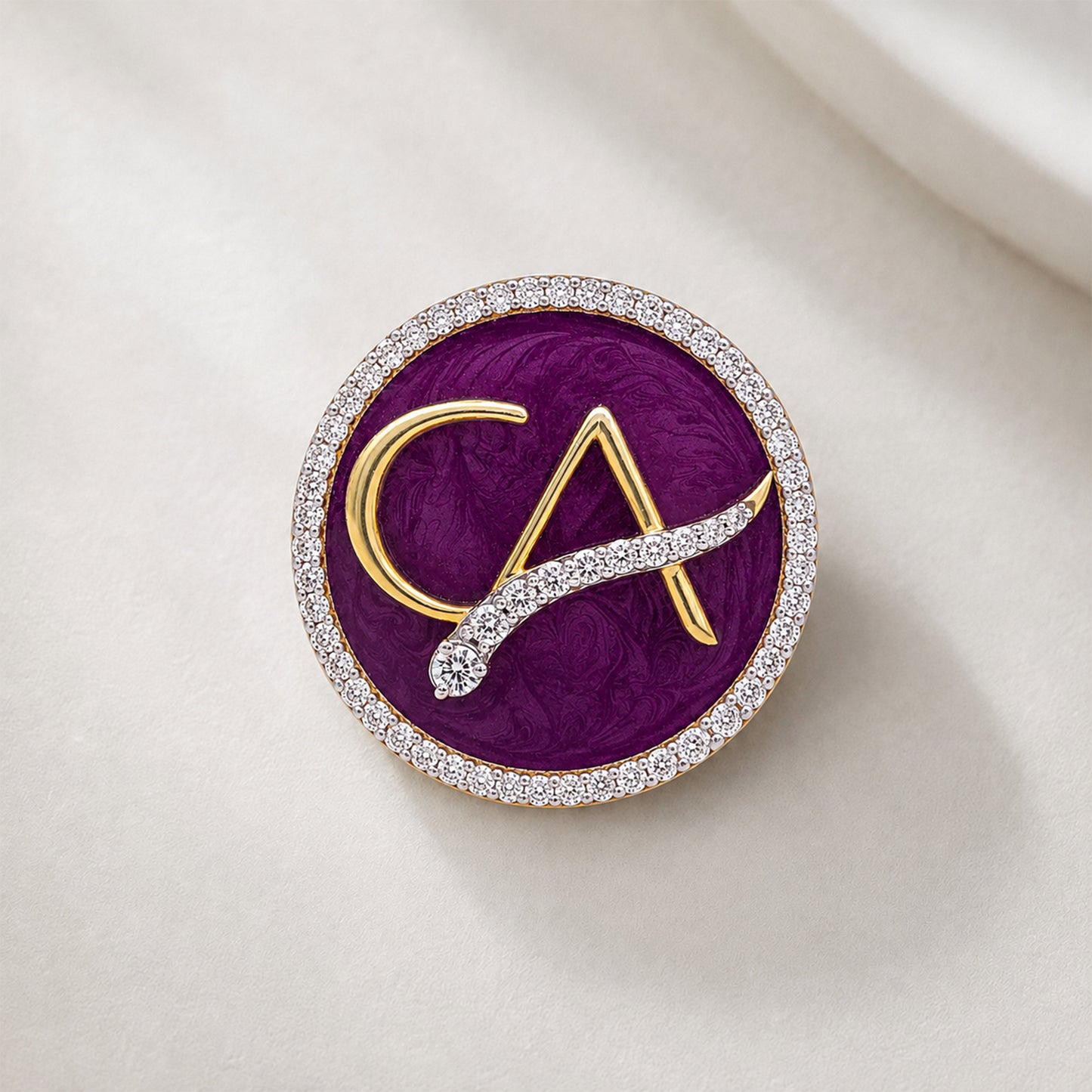 The Laureate CA Diamond Brooch in 925 Silver with Plum Enamel