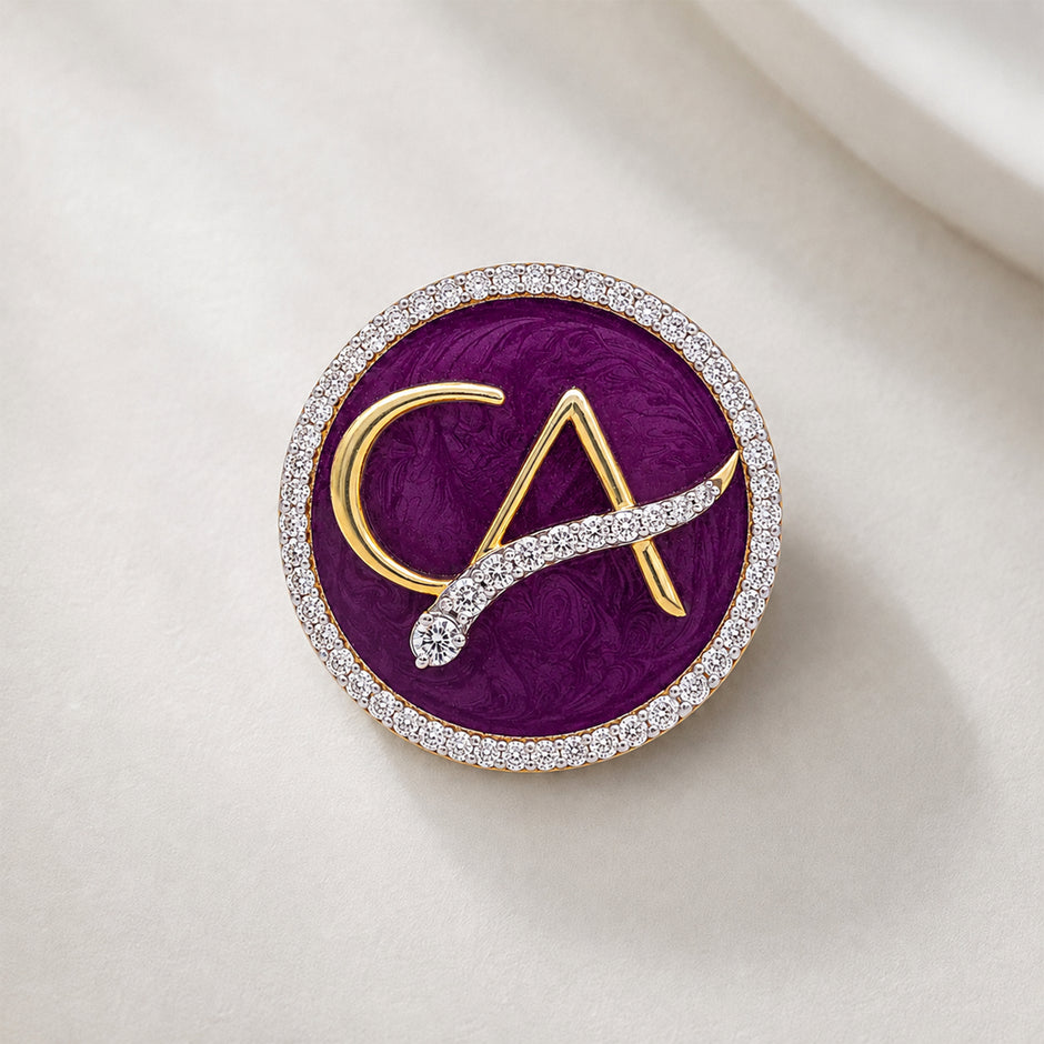 The Laureate CA Diamond Brooch in 925 Silver with Plum Enamel