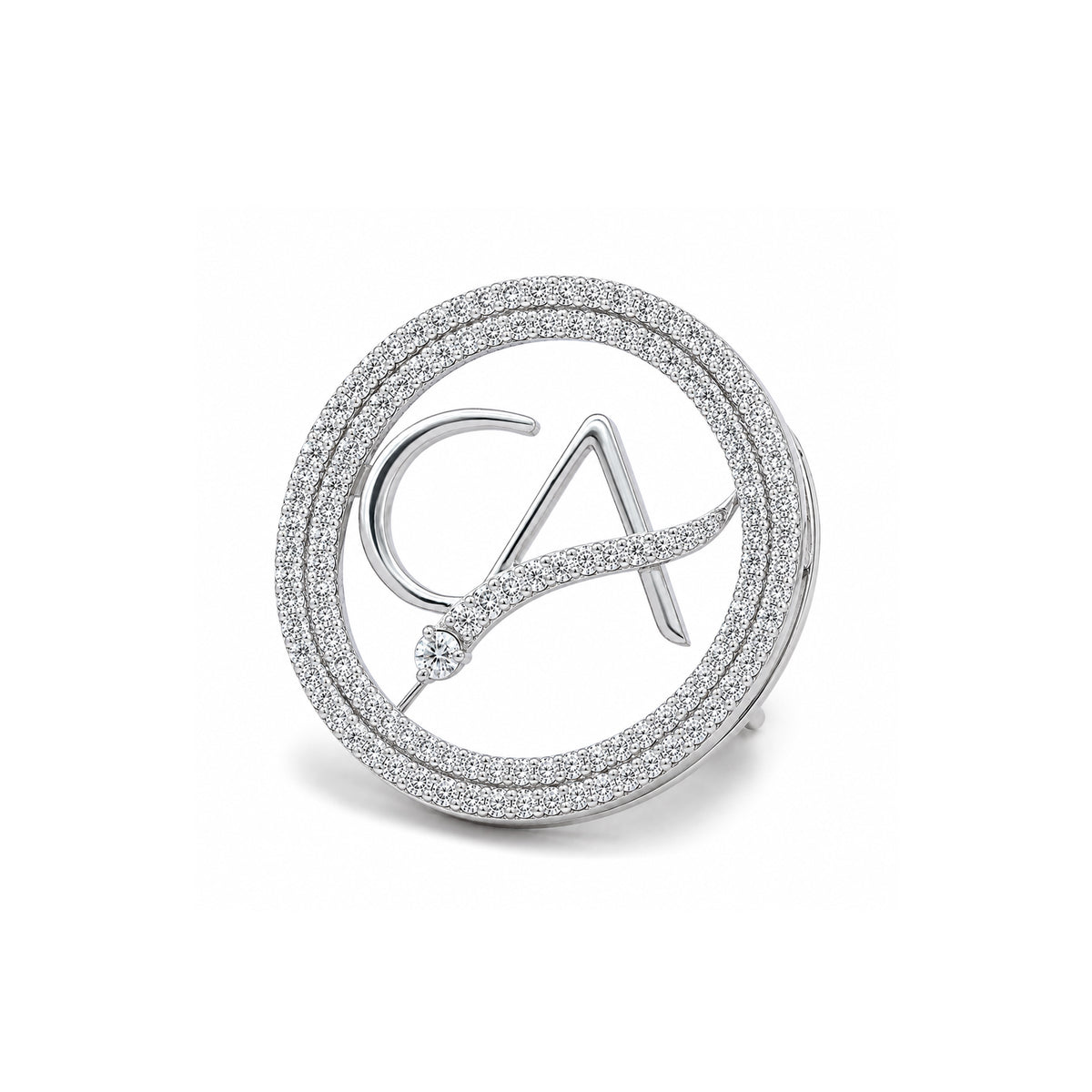 The Vanguard CA Double Line Curved Skeleton Diamond Brooch in 925 Silver with White Finish