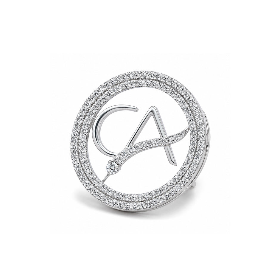The Vanguard CA Double Line Curved Skeleton Diamond Brooch in 925 Silver with White Finish