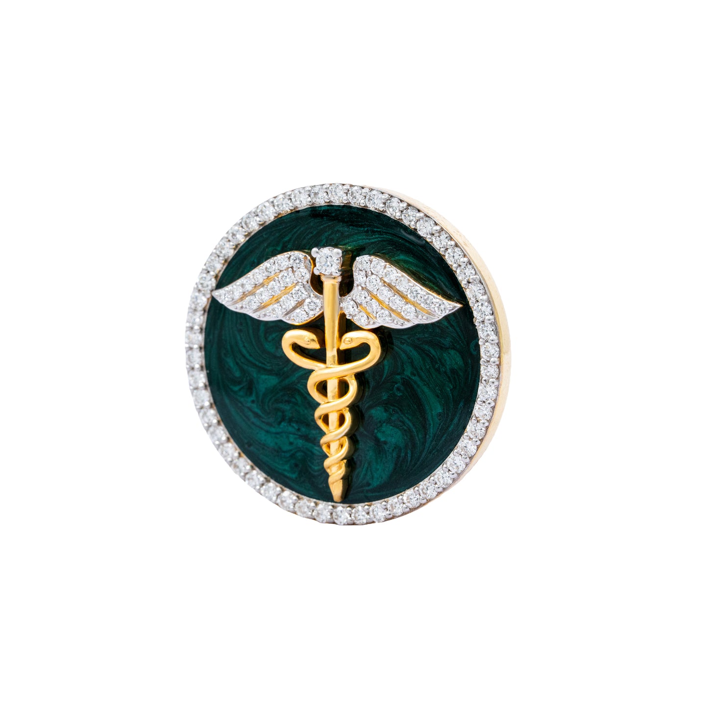 The Prestige Doctor Diamond Brooch in 925 Silver with Green Enamel and Yellow Finish