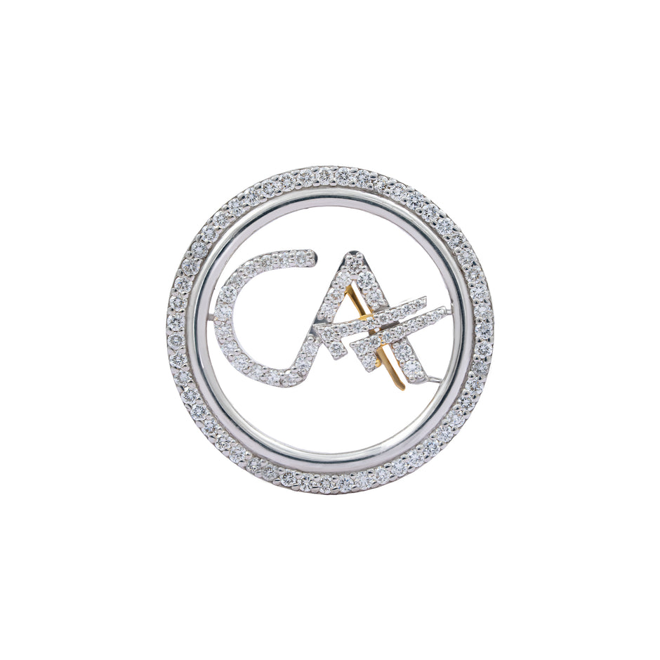 The Classic CA Single Line Double Tick Skeleton Diamond Brooch in 925 Silver with White Finish