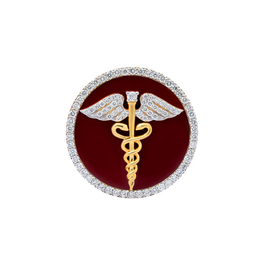 The Prestige Doctor Diamond Brooch in 925 Silver with Red Enamel and Yellow Polish