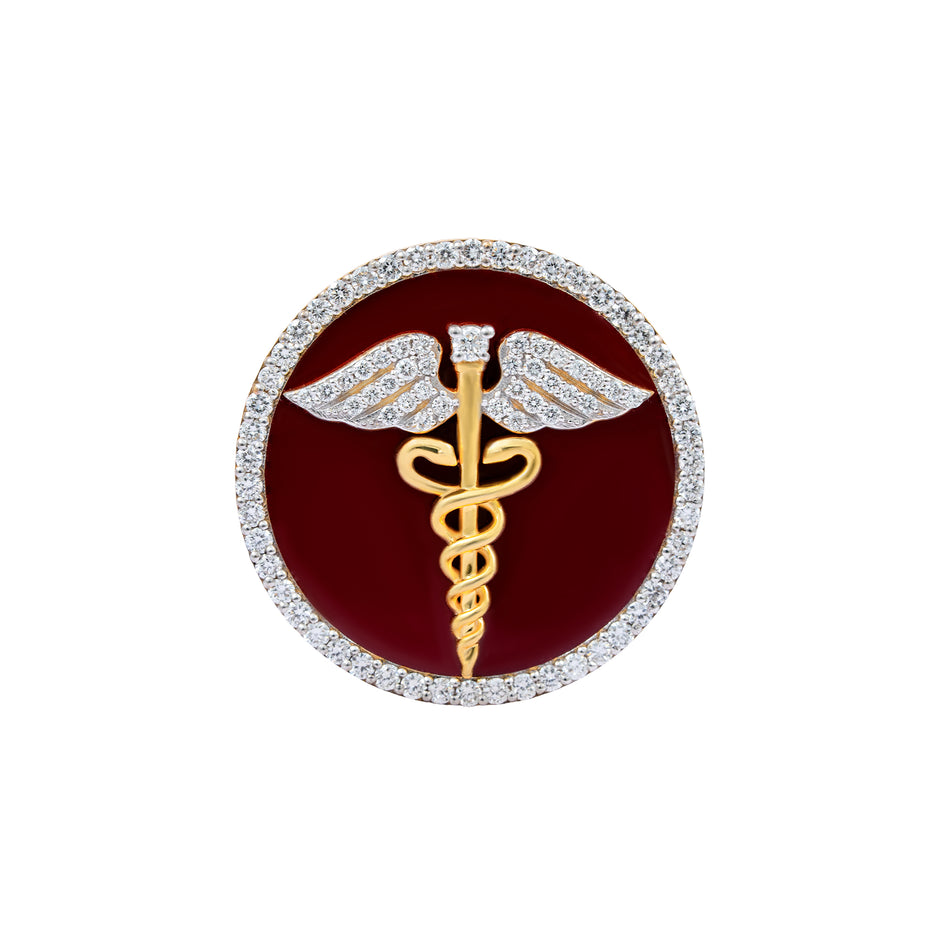 The Prestige Doctor Diamond Brooch in 925 Silver with Red Enamel and Yellow Finish