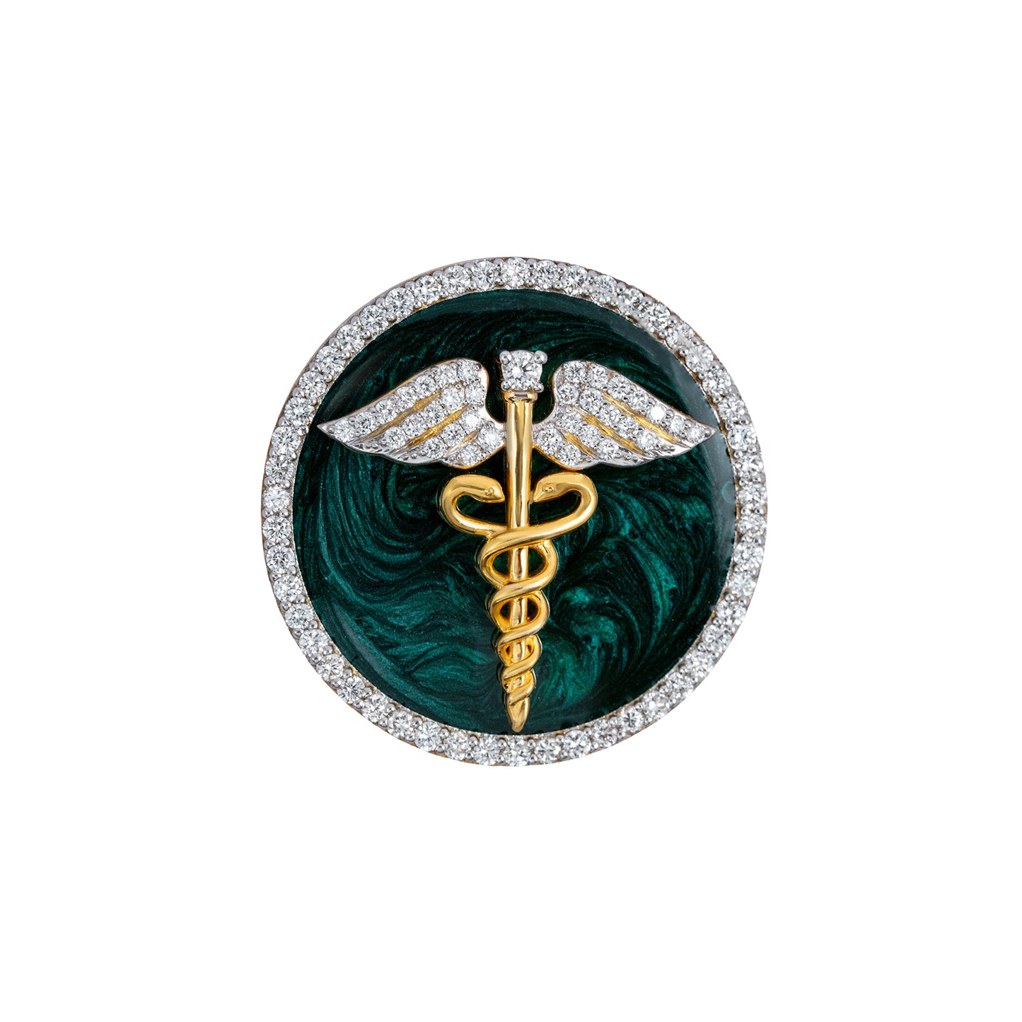 The Prestige Doctor Diamond Brooch in 925 Silver with Green Enamel and Yellow Polish