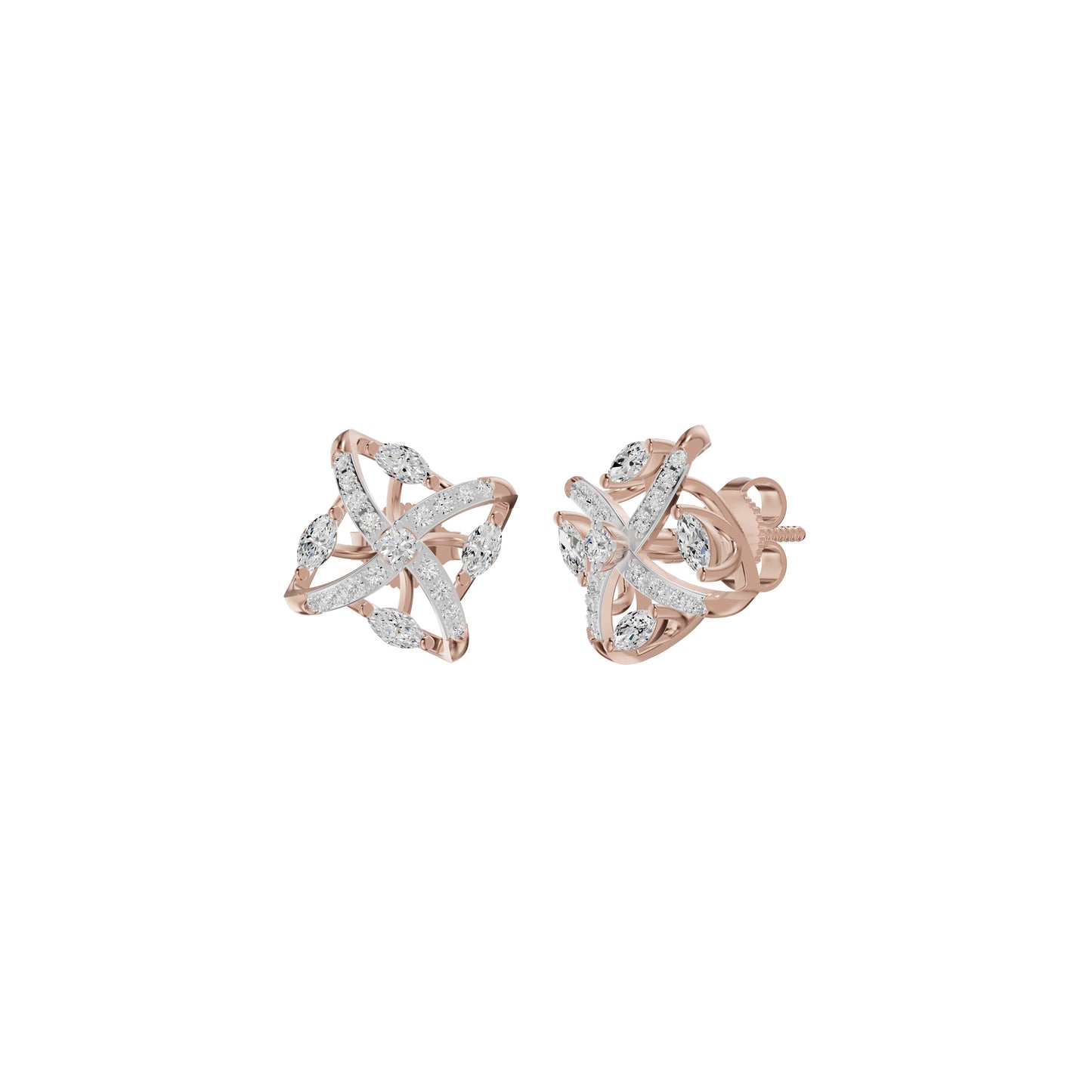 Spiral Star Marquise Round Diamond Stud Earrings