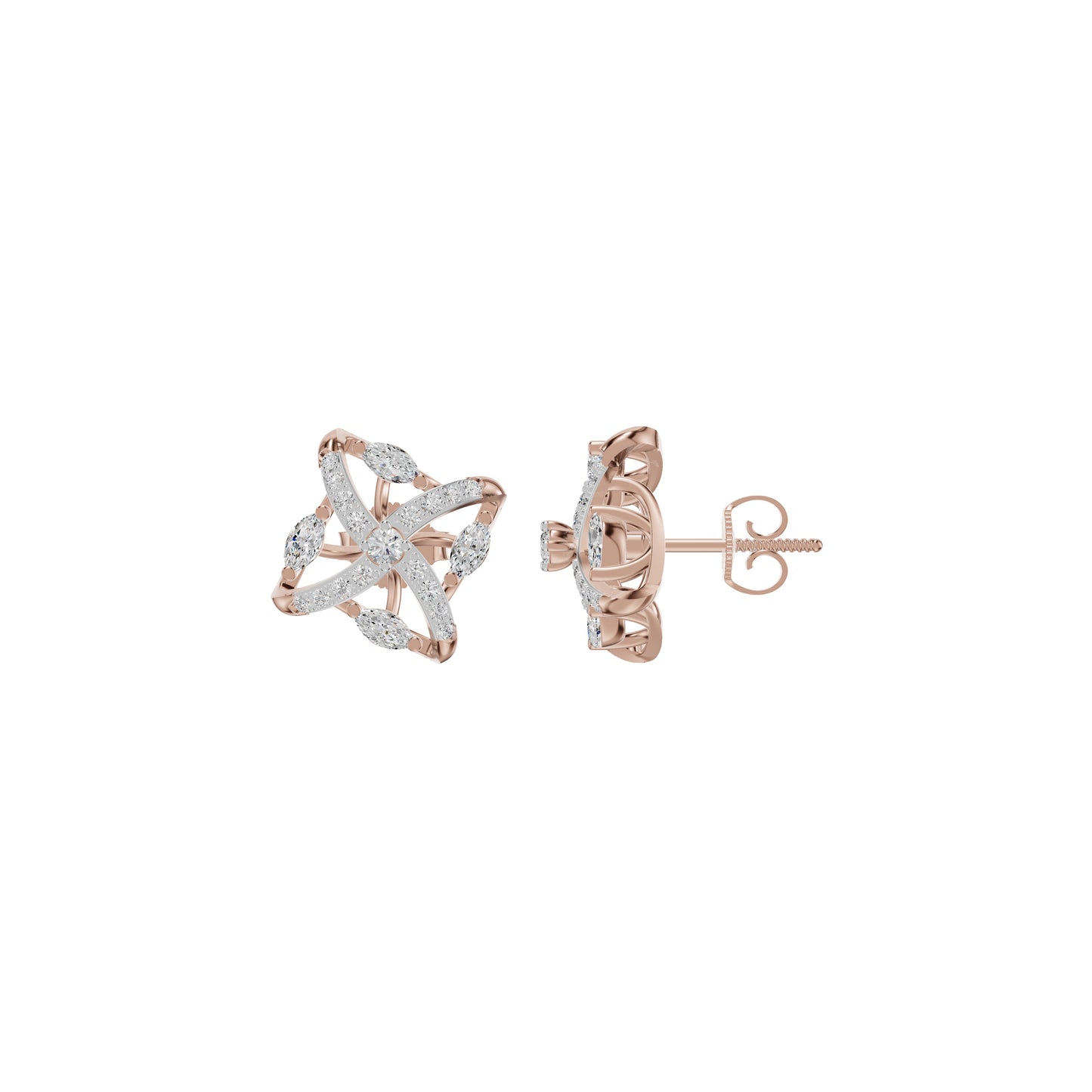 Spiral Star Marquise Round Diamond Stud Earrings