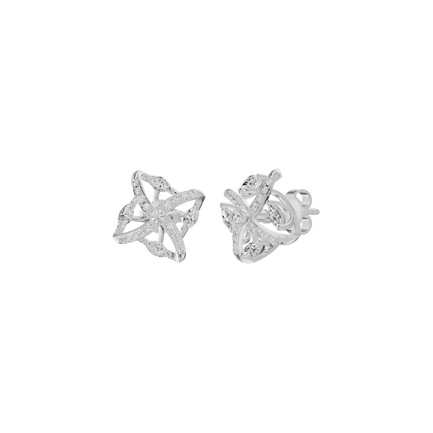 Spiral Star Marquise Round Diamond Stud Earrings