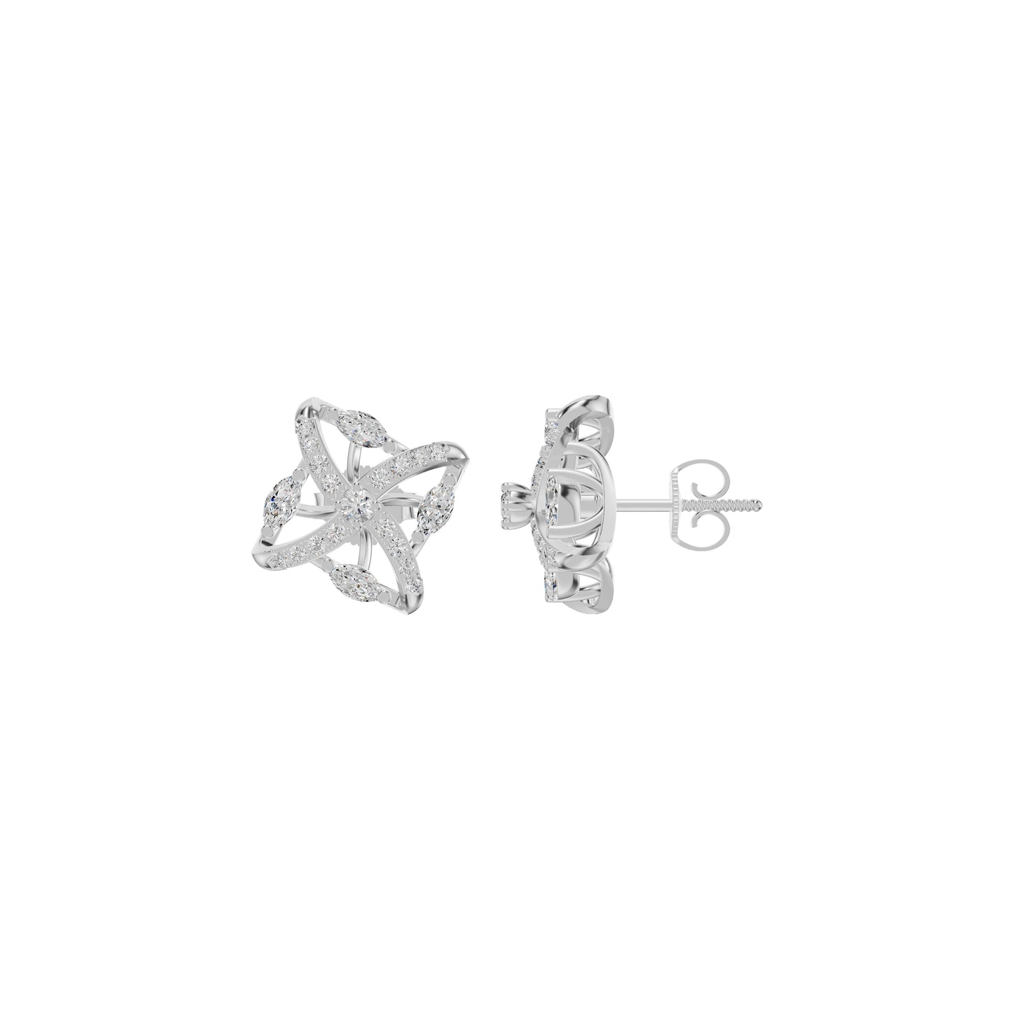Spiral Star Marquise Round Diamond Stud Earrings