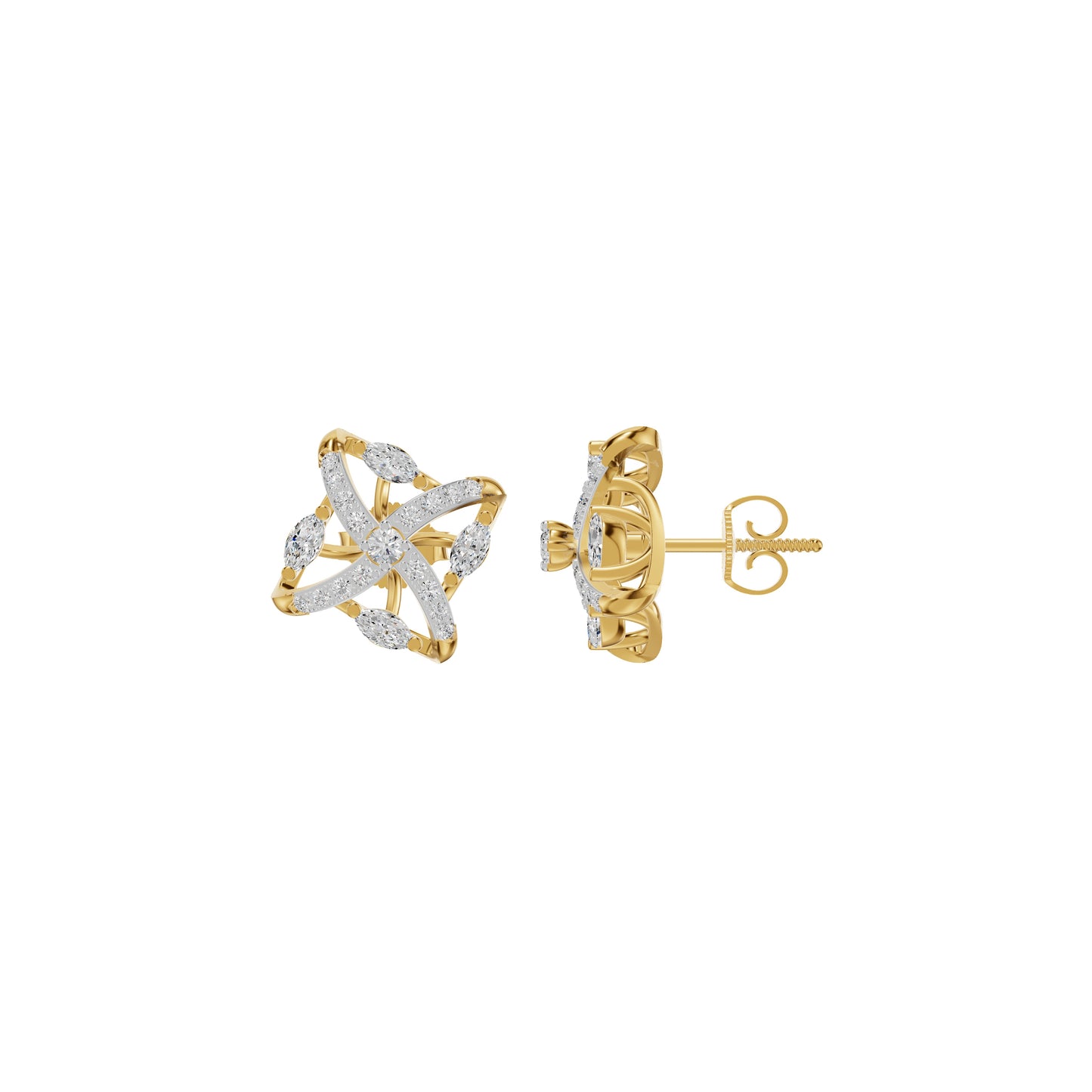 Spiral Star Marquise Round Diamond Stud Earrings