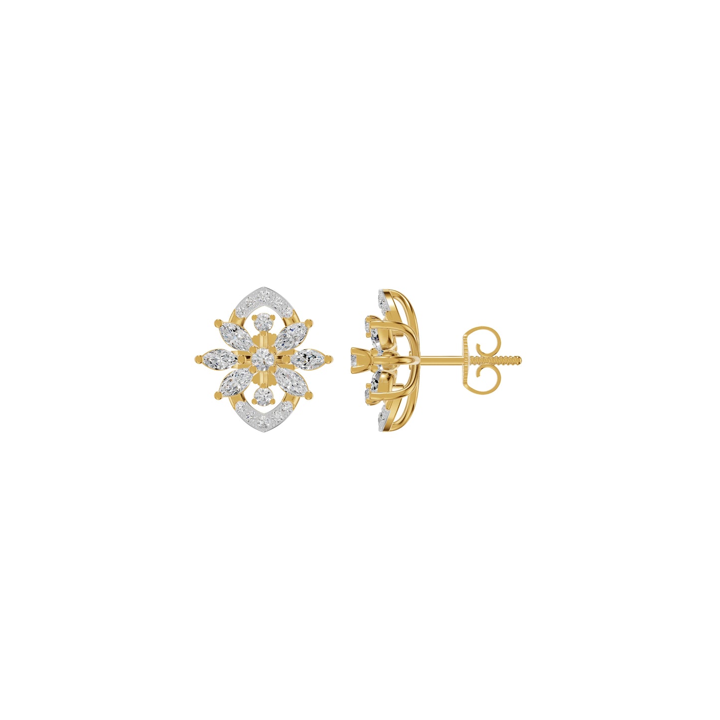 Twirling Star Marquise Round Diamond Stud Earrings 18 KT / Yellow Gold