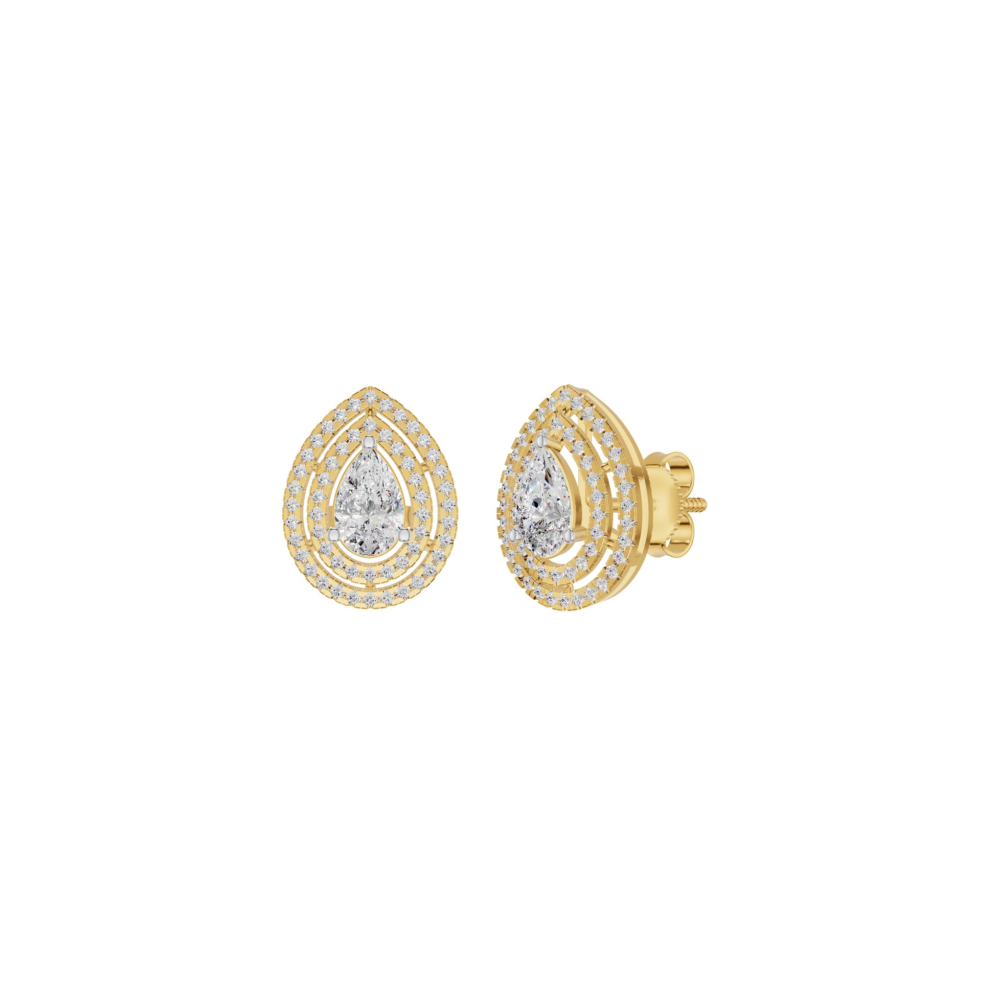 Pear Solitaire Dual Halo Diamond Earrings 18 KT / Yellow Gold