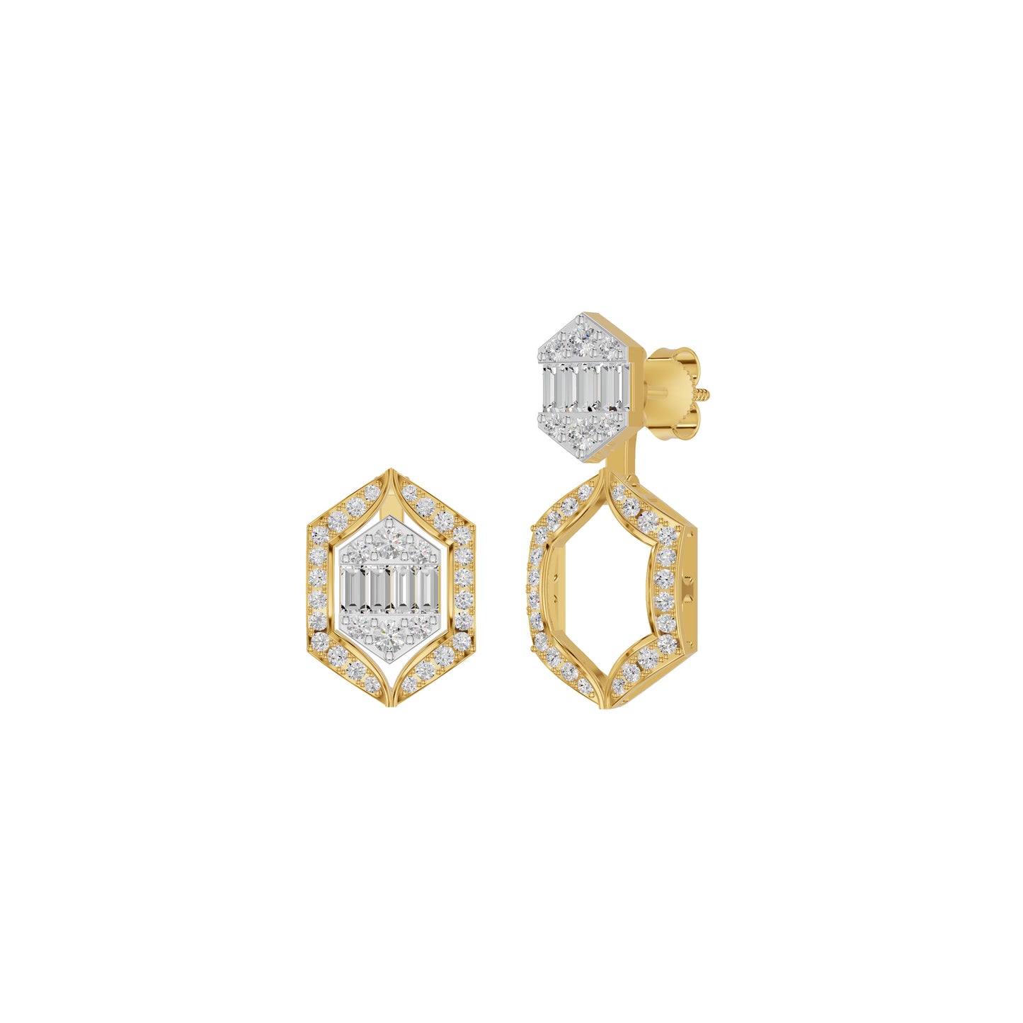 Baugette HexaHalo Diamond Stud Earrings 18 KT / Yellow Gold